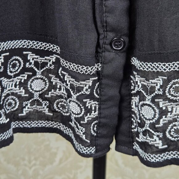 Pretty Good Size Medium Black Tunic White Embroidery Roll Tab Sleeves Back Tie - Picture 5 of 16